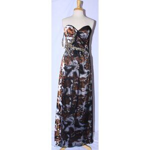 Neblon #5858 Camo-Like Print Satin Prom Gown-Size M-Brown Camp Print-NEW W/Tags